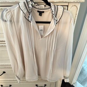 Ann Taylor Cream Pleated Ruffled Blouse with Peter Pan Collar